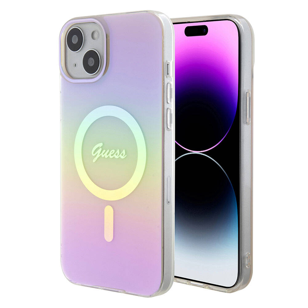 Apple iPhone 15 Kılıf Guess Orjinal Lisanslı M-safe Şarj Özellikli Yazı Logolu Iridescent Kapak Pembe