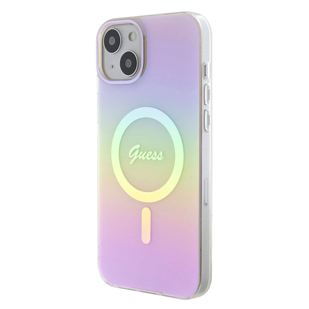 Apple iPhone 15 Kılıf Guess Orjinal Lisanslı M-safe Şarj Özellikli Yazı Logolu Iridescent Kapak Pembe