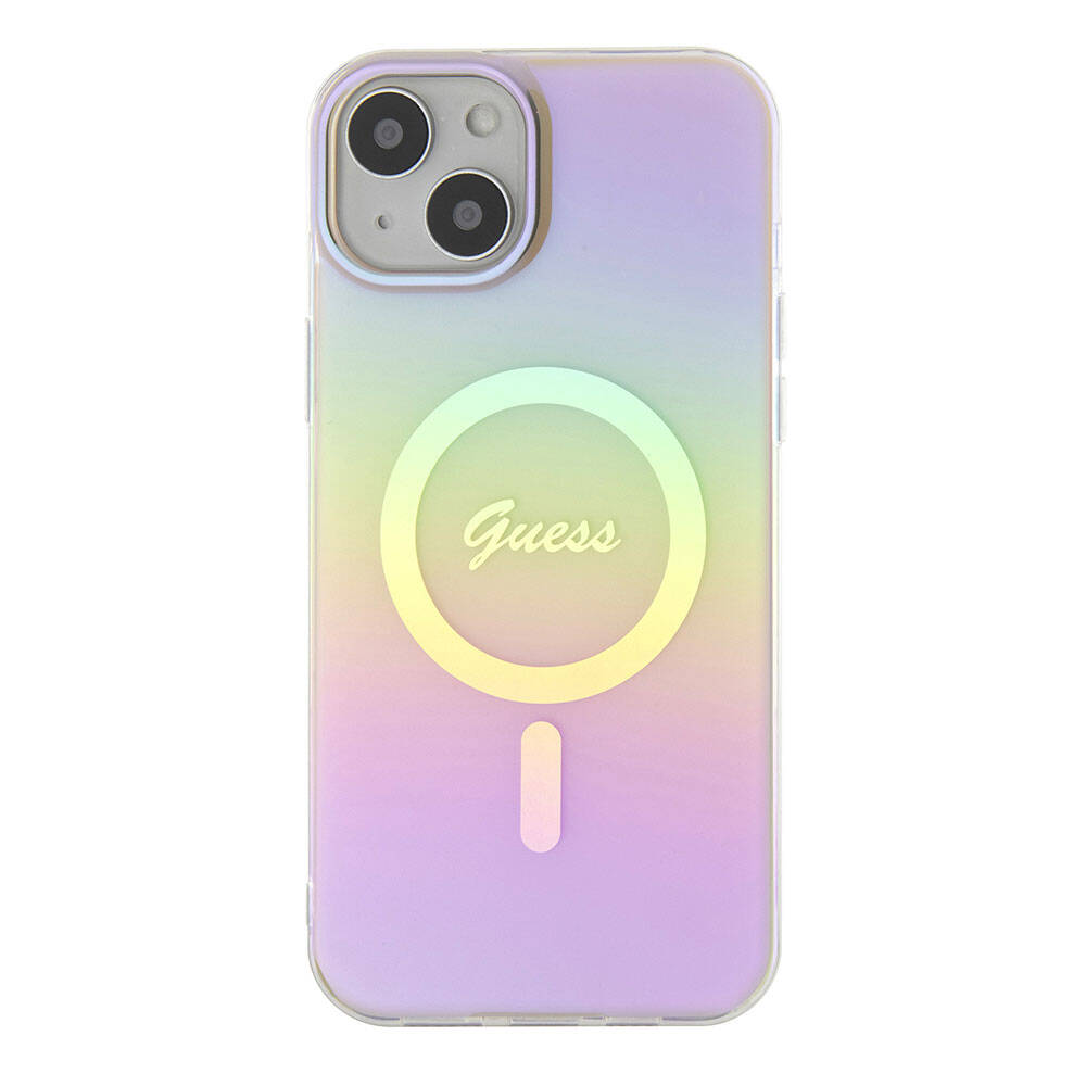 Apple iPhone 15 Kılıf Guess Orjinal Lisanslı M-safe Şarj Özellikli Yazı Logolu Iridescent Kapak Turkuaz