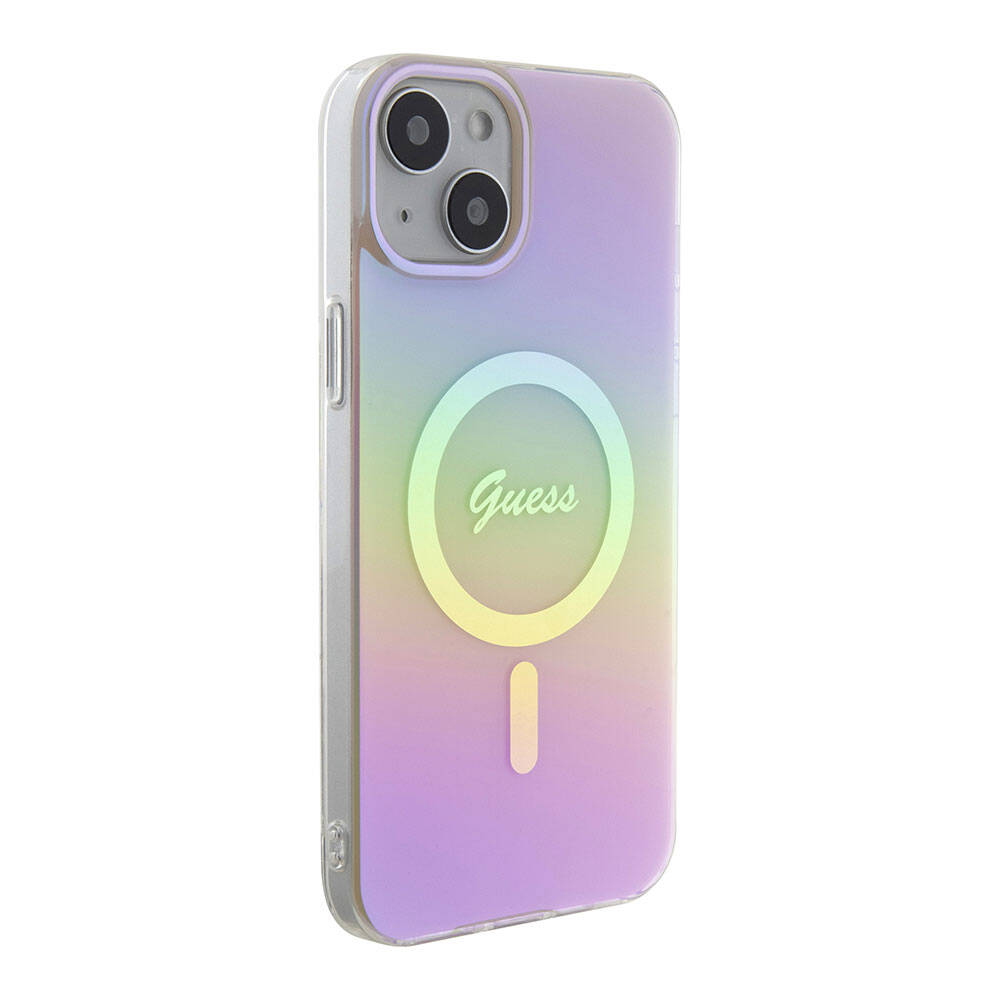 Apple iPhone 15 Kılıf Guess Orjinal Lisanslı M-safe Şarj Özellikli Yazı Logolu Iridescent Kapak Pembe