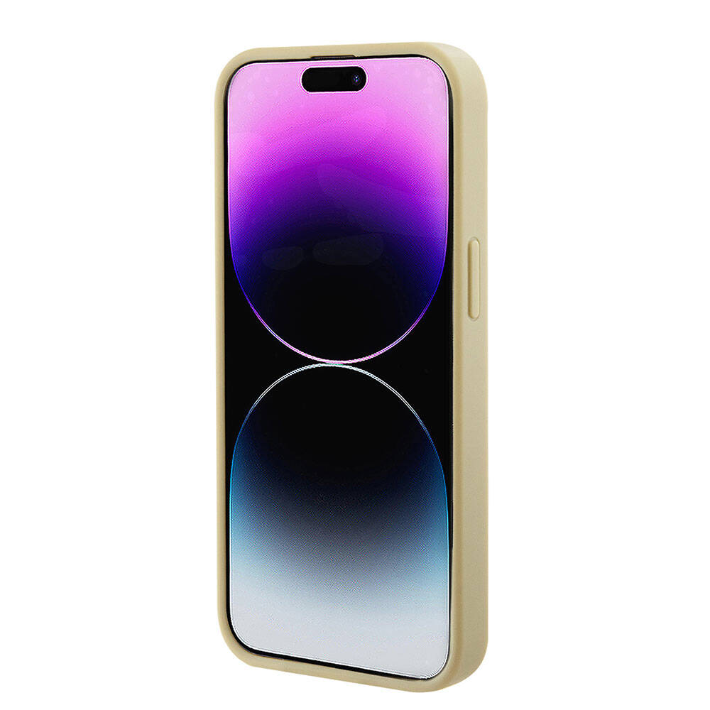 Apple iPhone 15 Kılıf Guess Orjinal Lisanslı M-safe Şarj Özellikli Yazı Logolu Saffiano Kapak Krem