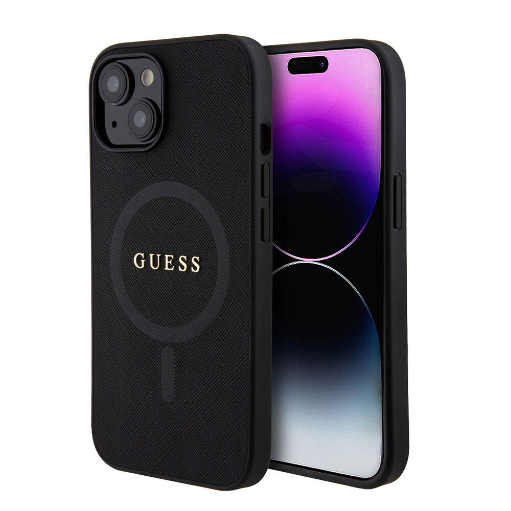 Apple iPhone 15 Kılıf Guess Orjinal Lisanslı M-safe Şarj Özellikli Yazı Logolu Saffiano Kapak Pembe