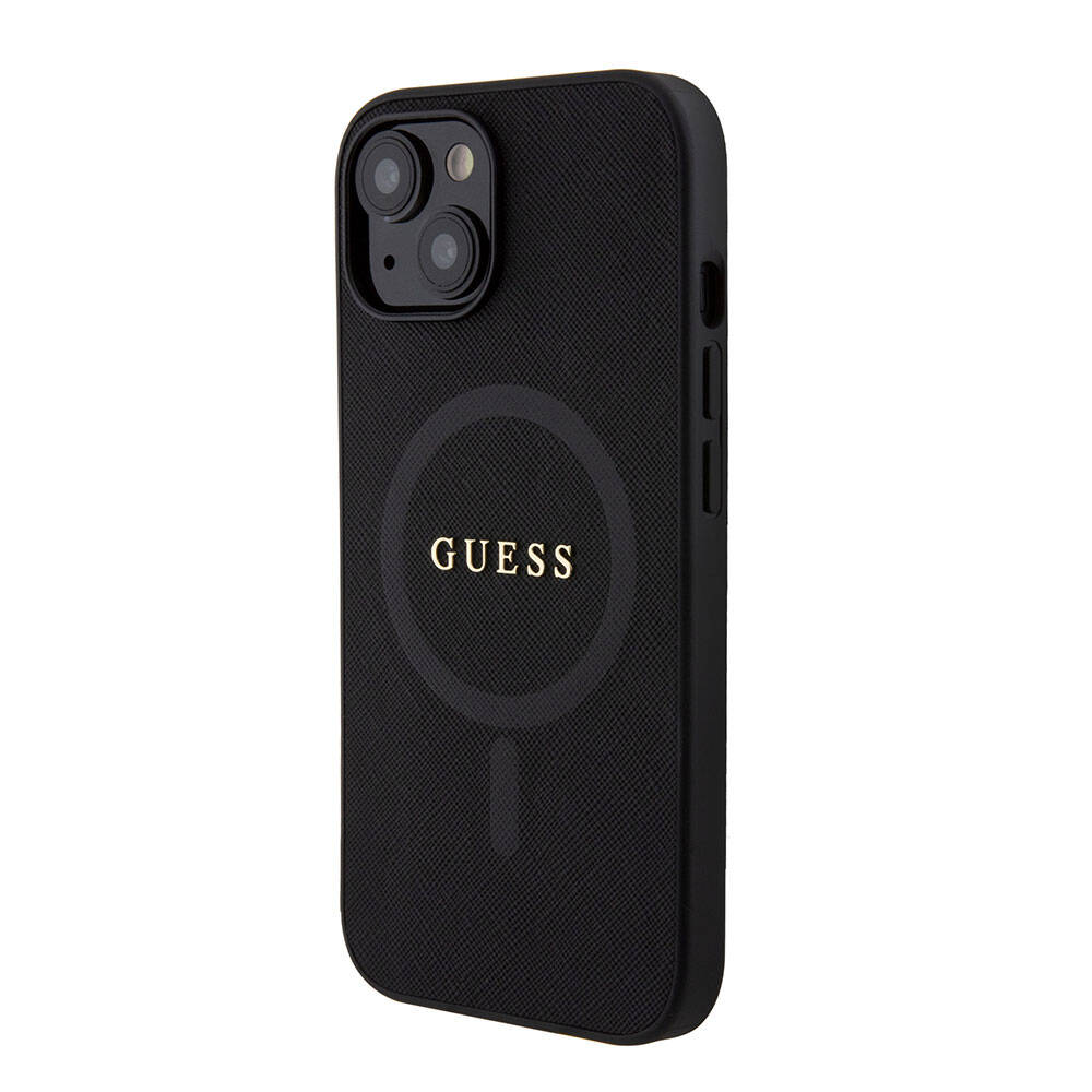 Apple iPhone 15 Kılıf Guess Orjinal Lisanslı M-safe Şarj Özellikli Yazı Logolu Saffiano Kapak Pembe