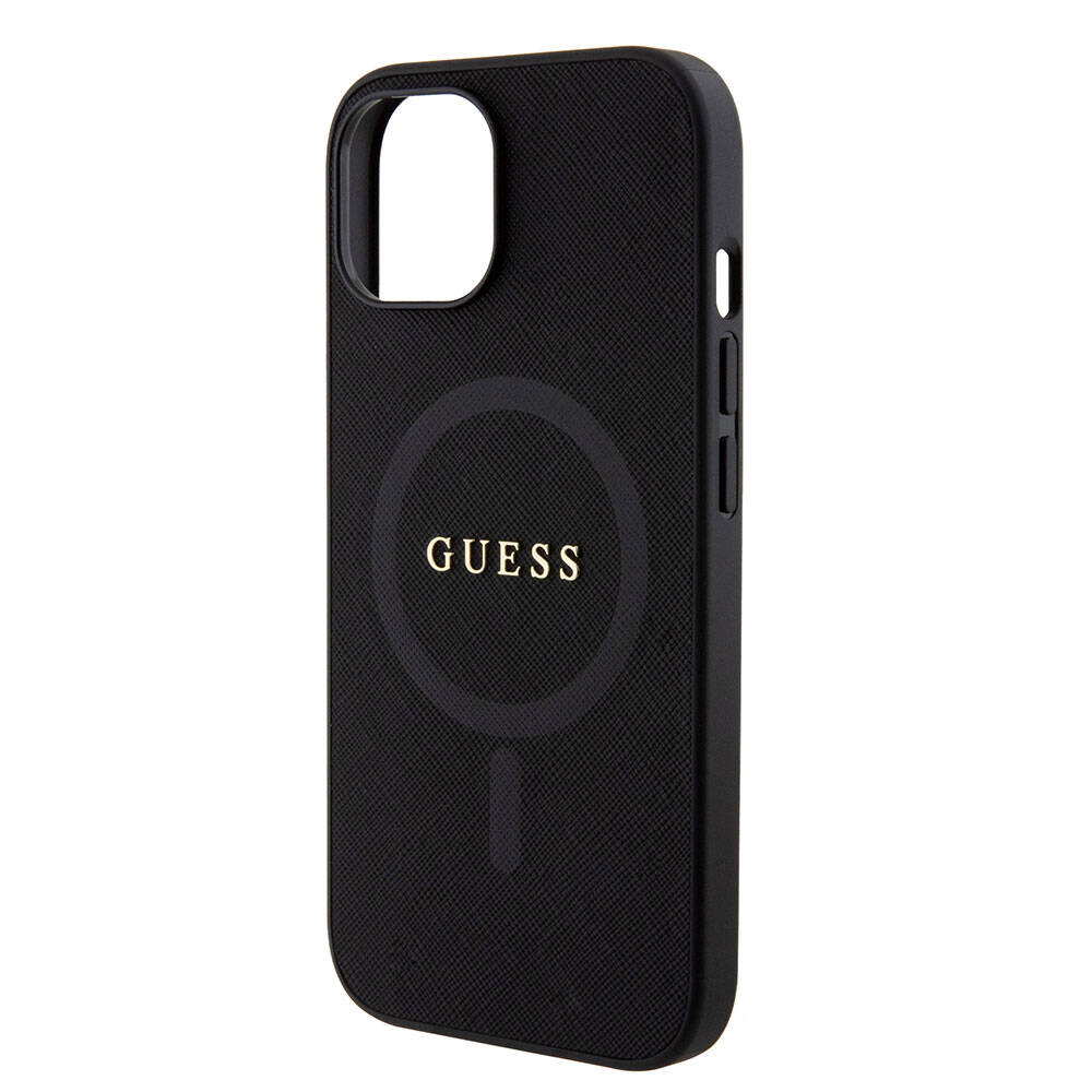 Apple iPhone 15 Kılıf Guess Orjinal Lisanslı M-safe Şarj Özellikli Yazı Logolu Saffiano Kapak Siyah