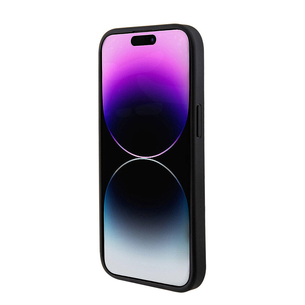 Apple iPhone 15 Kılıf Guess Orjinal Lisanslı M-safe Şarj Özellikli Yazı Logolu Saffiano Kapak Siyah