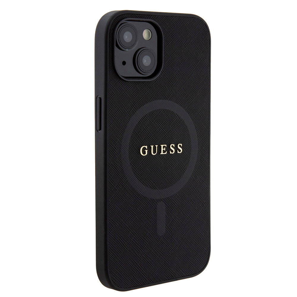Apple iPhone 15 Kılıf Guess Orjinal Lisanslı M-safe Şarj Özellikli Yazı Logolu Saffiano Kapak Siyah