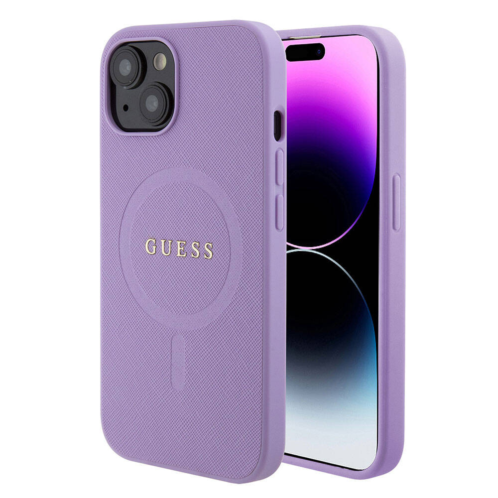 Apple iPhone 15 Kılıf Guess Orjinal Lisanslı M-safe Şarj Özellikli Yazı Logolu Saffiano Kapak Pembe