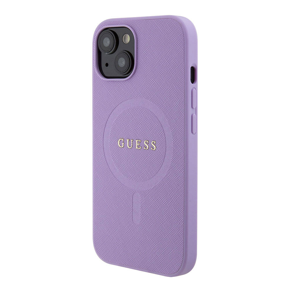 Apple iPhone 15 Kılıf Guess Orjinal Lisanslı M-safe Şarj Özellikli Yazı Logolu Saffiano Kapak Pembe