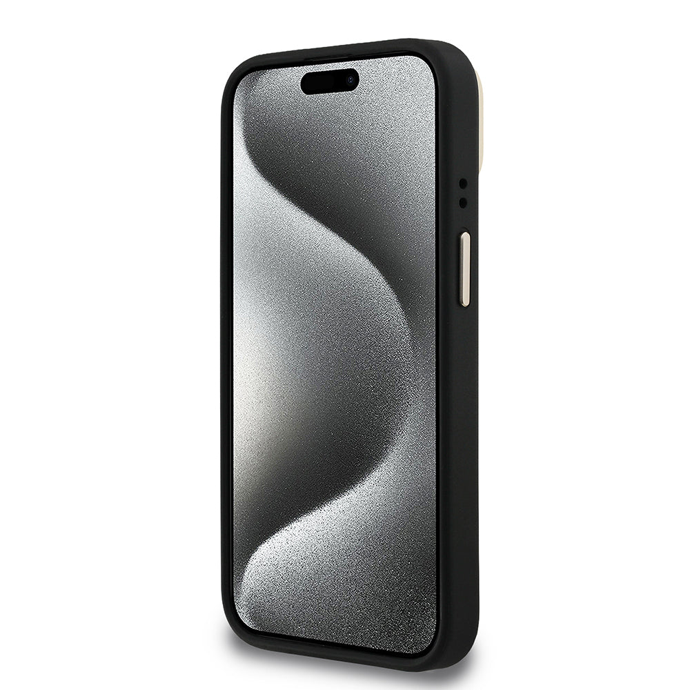 Apple iPhone 15 Kılıf Guess Orjinal Lisanslı PU Deri 4G Desenli Metal Büyük 4G ve Yazı Logolu Kamera Standlı Kapak Siyah