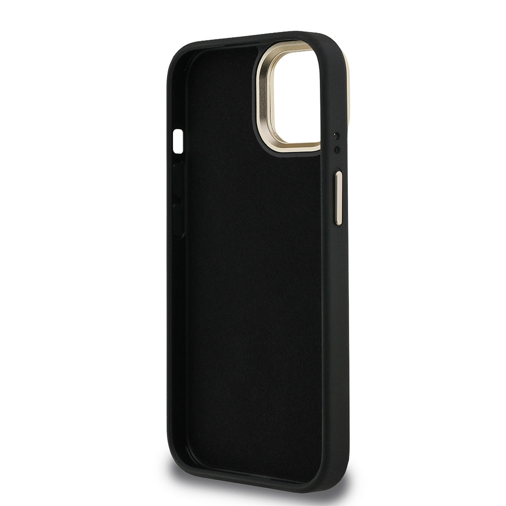 Apple iPhone 15 Kılıf Guess Orjinal Lisanslı PU Deri 4G Desenli Metal Büyük 4G ve Yazı Logolu Kamera Standlı Kapak Mavi