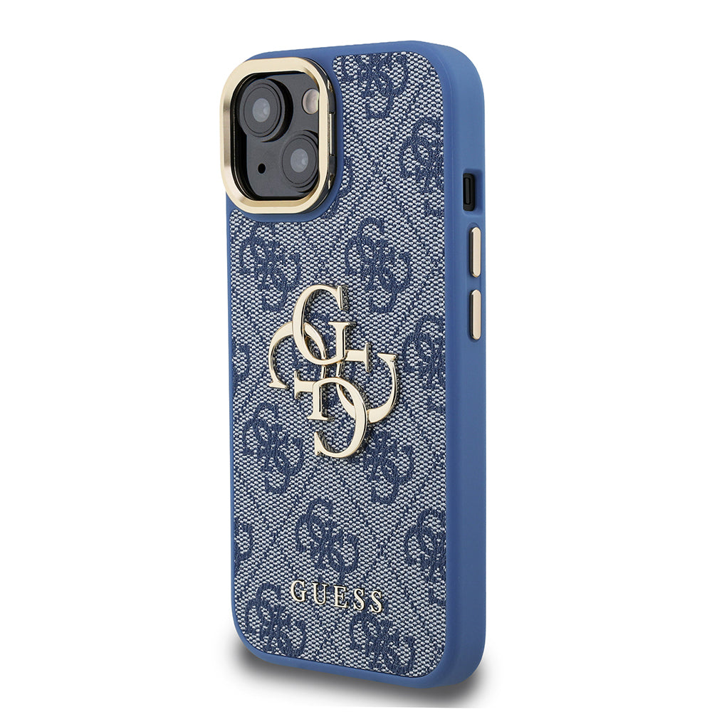 Apple iPhone 15 Kılıf Guess Orjinal Lisanslı PU Deri 4G Desenli Metal Büyük 4G ve Yazı Logolu Kamera Standlı Kapak Kahverengi