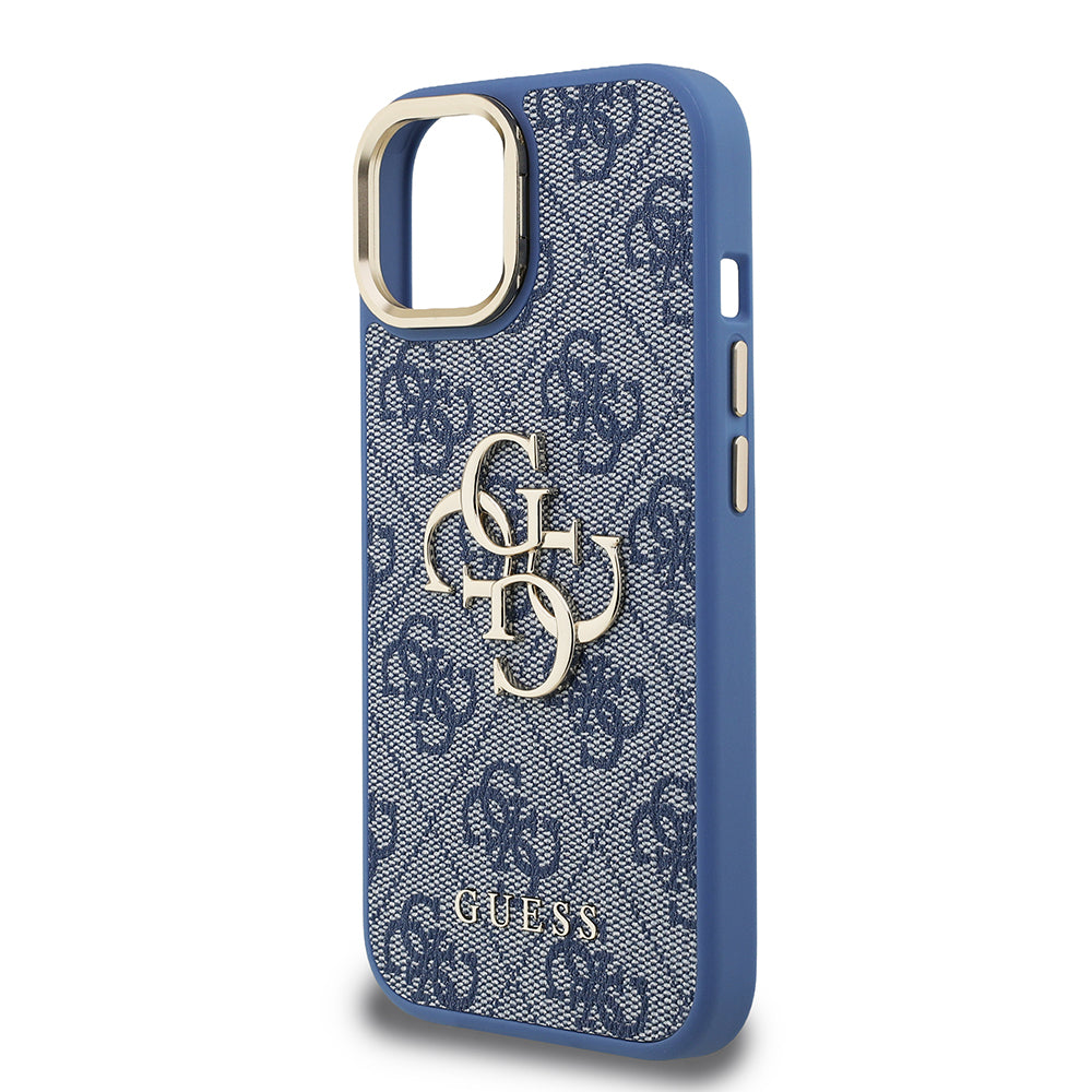 Apple iPhone 15 Kılıf Guess Orjinal Lisanslı PU Deri 4G Desenli Metal Büyük 4G ve Yazı Logolu Kamera Standlı Kapak Pembe