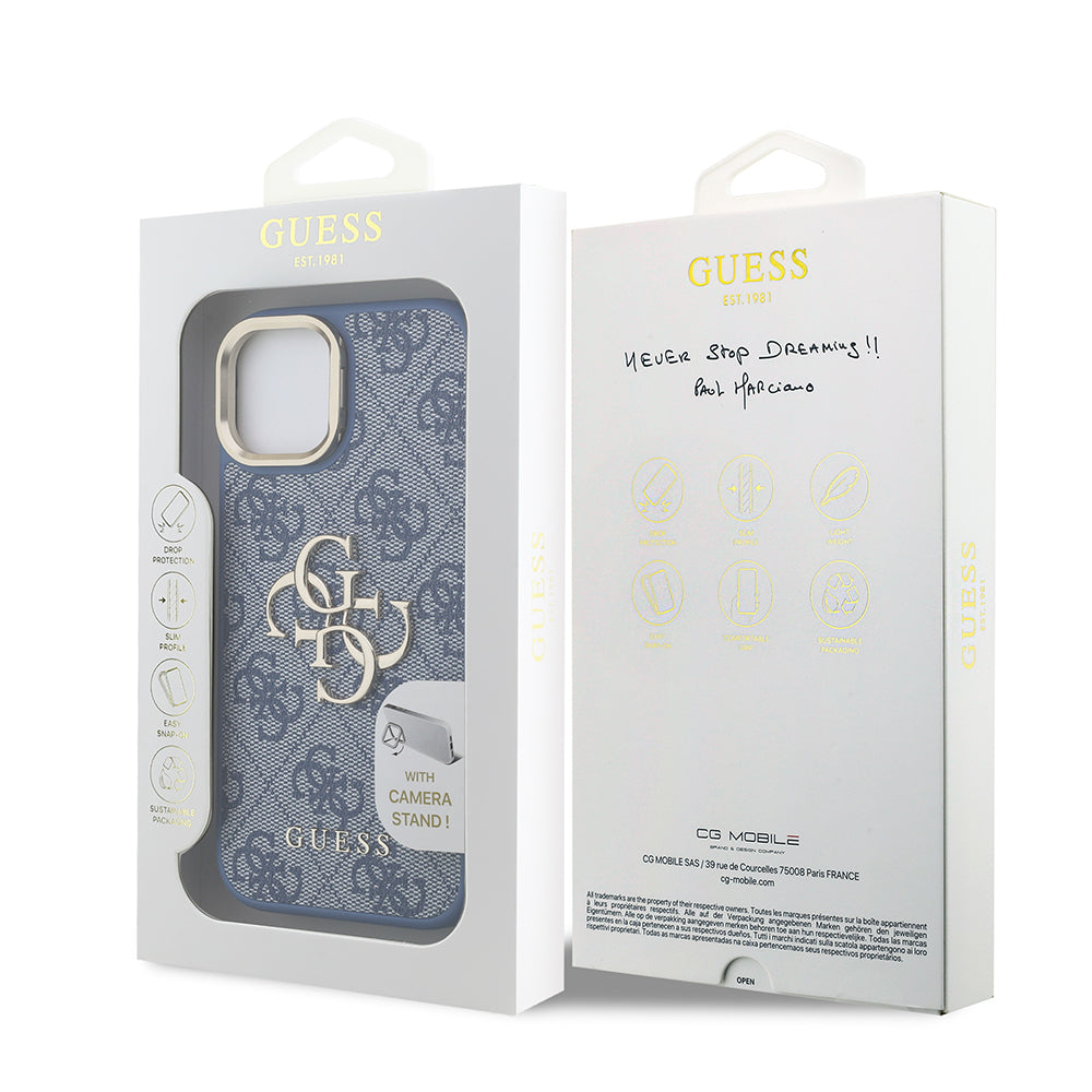 Apple iPhone 15 Kılıf Guess Orjinal Lisanslı PU Deri 4G Desenli Metal Büyük 4G ve Yazı Logolu Kamera Standlı Kapak Pembe