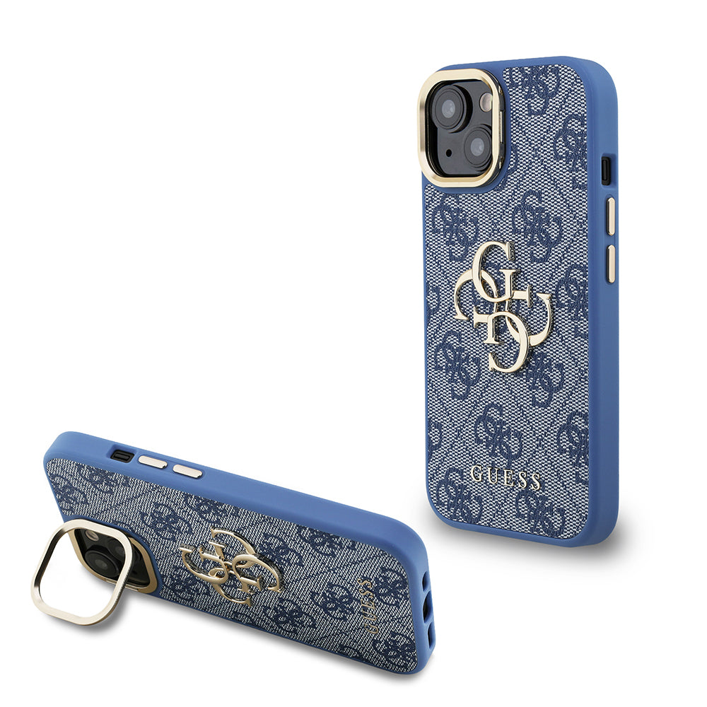 Apple iPhone 15 Kılıf Guess Orjinal Lisanslı PU Deri 4G Desenli Metal Büyük 4G ve Yazı Logolu Kamera Standlı Kapak Mavi