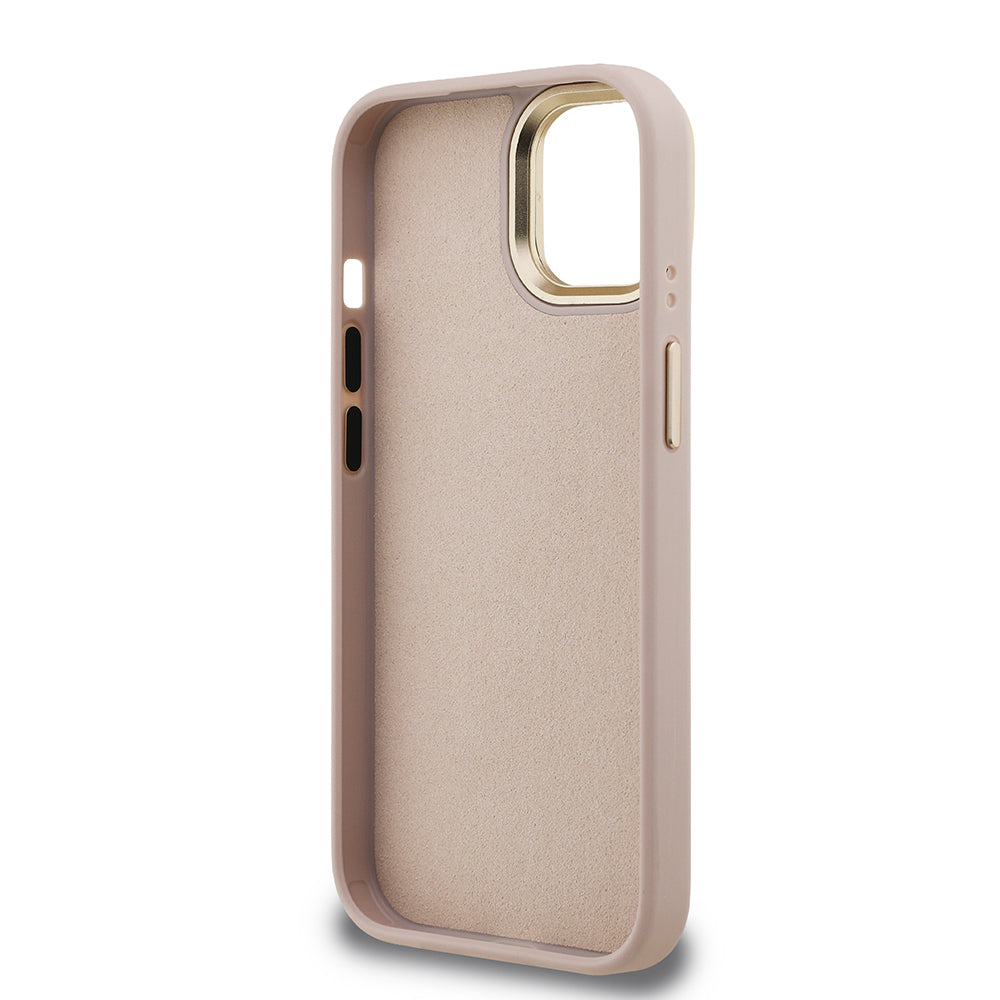 Apple iPhone 15 Kılıf Guess Orjinal Lisanslı PU Deri 4G Desenli Metal Büyük 4G ve Yazı Logolu Kamera Standlı Kapak Pembe