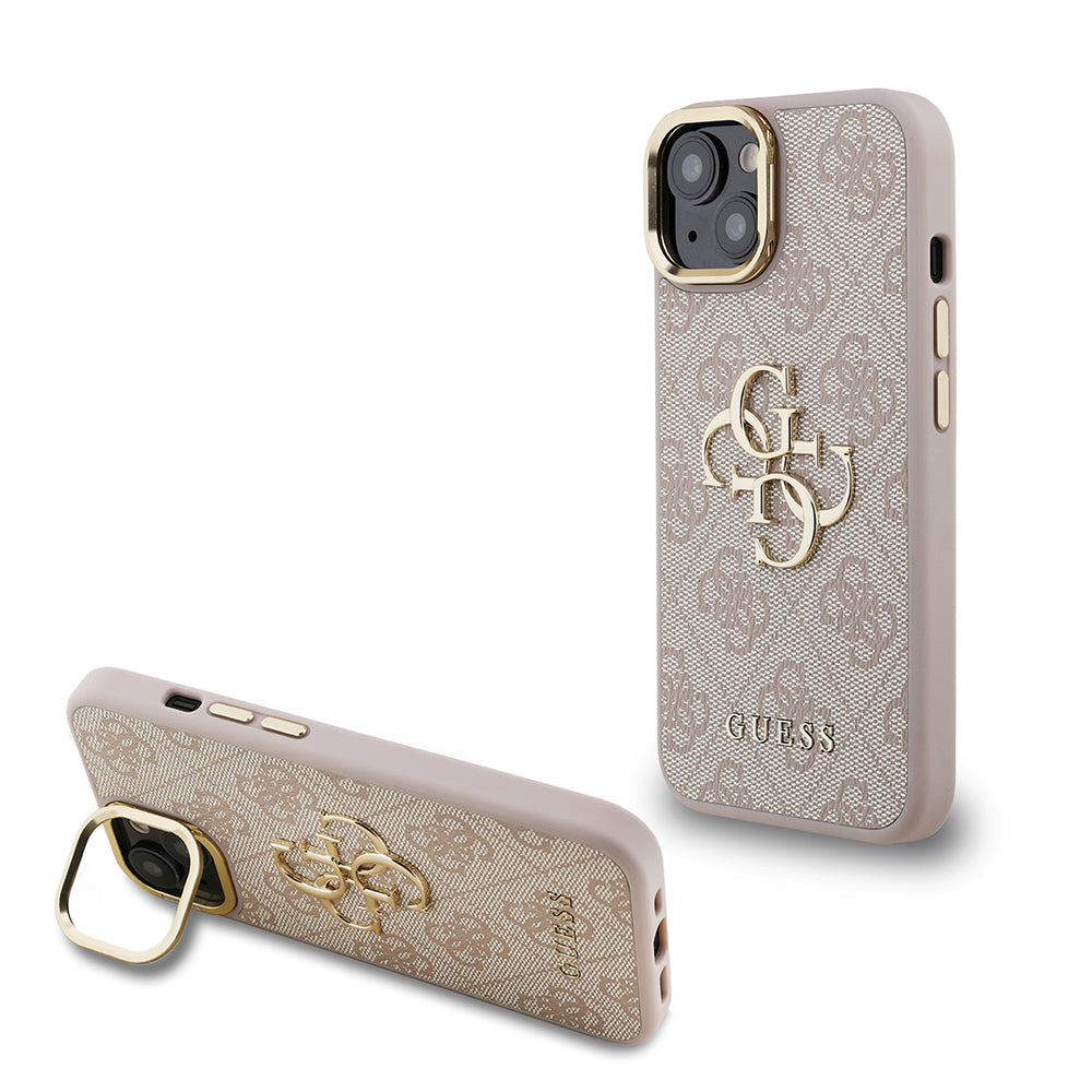 Apple iPhone 15 Kılıf Guess Orjinal Lisanslı PU Deri 4G Desenli Metal Büyük 4G ve Yazı Logolu Kamera Standlı Kapak Pembe