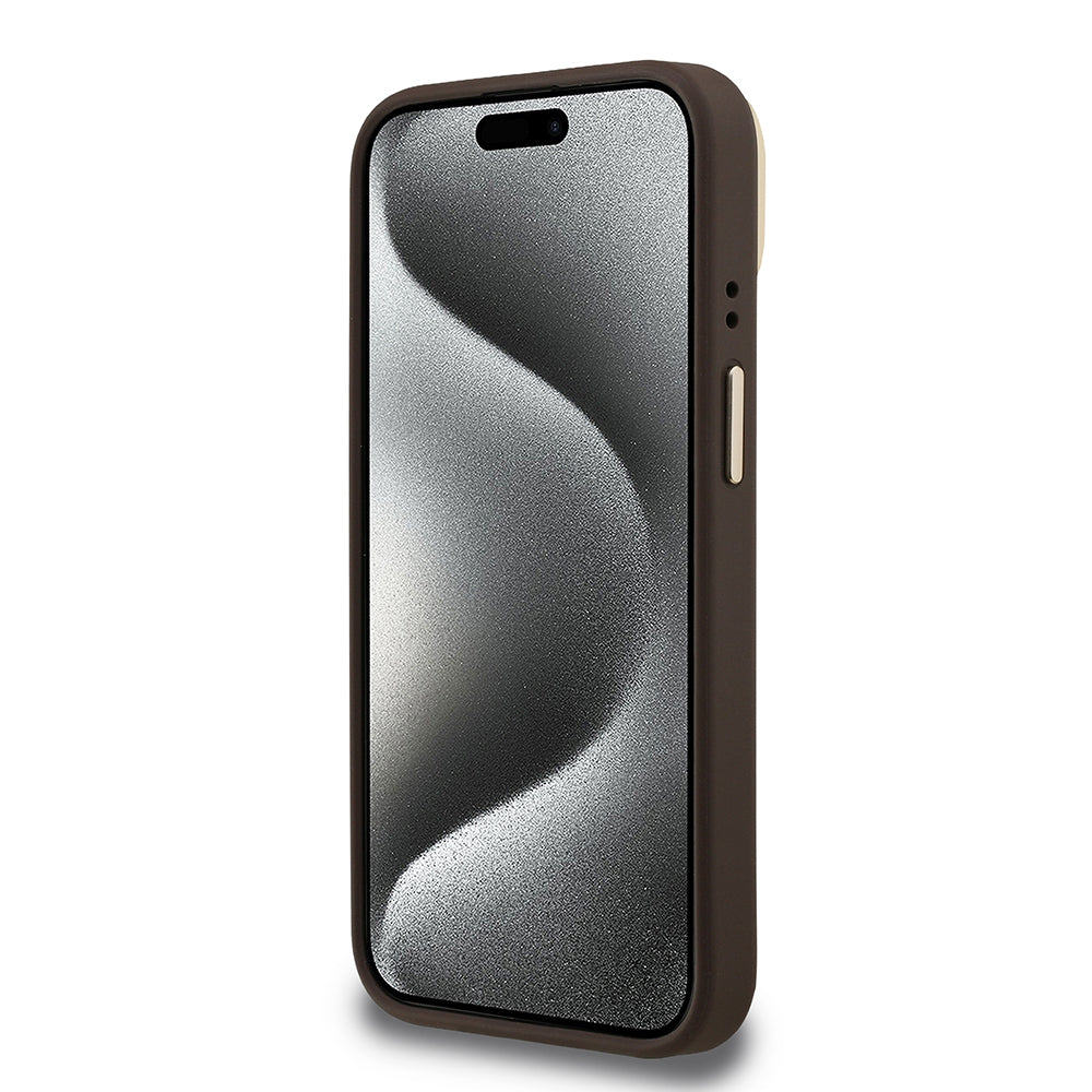 Apple iPhone 15 Kılıf Guess Orjinal Lisanslı PU Deri 4G Desenli Metal Büyük 4G ve Yazı Logolu Kamera Standlı Kapak Siyah