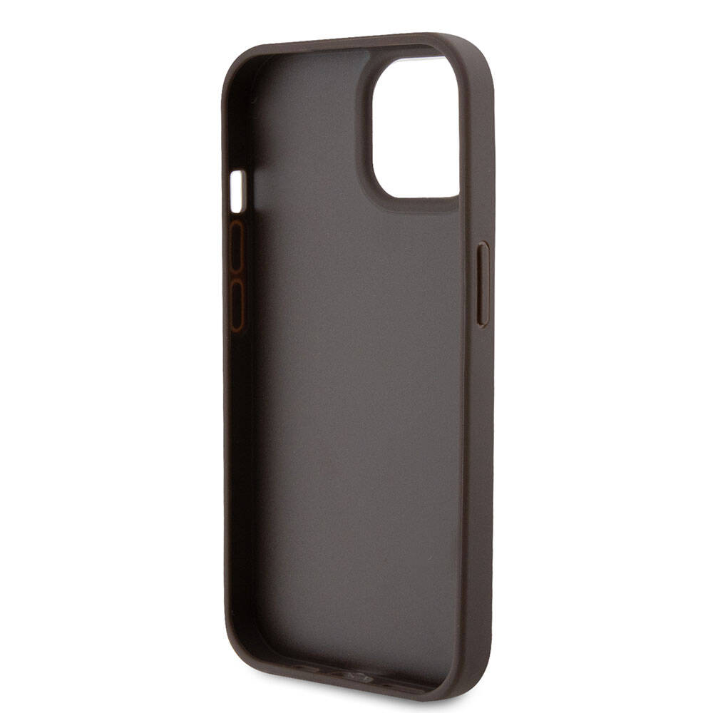 Apple iPhone 15 Kılıf Guess Orjinal Lisanslı PU Deri Askılı Taşlı Üçgen Logo 4G Desenli Strass Crossbody Kapak Kahverengi