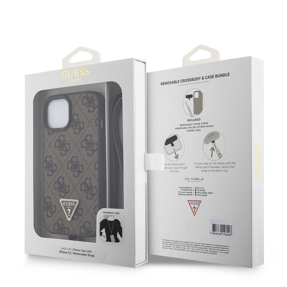 Apple iPhone 15 Kılıf Guess Orjinal Lisanslı PU Deri Askılı Taşlı Üçgen Logo 4G Desenli Strass Crossbody Kapak Siyah