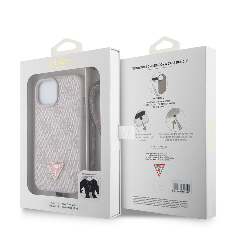 Apple iPhone 15 Kılıf Guess Orjinal Lisanslı PU Deri Taşlı Metal Üçgen Logolu Çapraz Vücut Askılı 4G Desenli Kapak Pembe