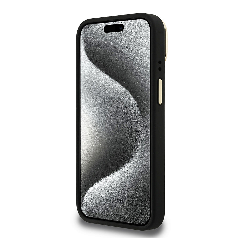 Apple iPhone 15 Kılıf Guess Orjinal Lisanslı PU Deri Taşlı Üçgen Logo 4G Desenli Kamera Standlı Kapak Kahverengi