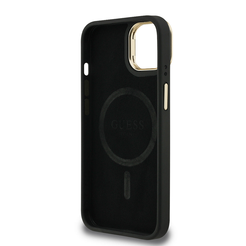 Apple iPhone 15 Kılıf Guess Orjinal Lisanslı PU Deri Taşlı Üçgen Logo 4G Desenli Kamera Standlı Kapak Kahverengi