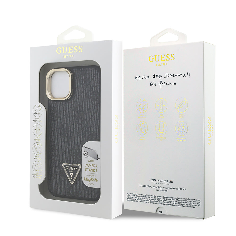 Apple iPhone 15 Kılıf Guess Orjinal Lisanslı PU Deri Taşlı Üçgen Logo 4G Desenli Kamera Standlı Kapak Pembe