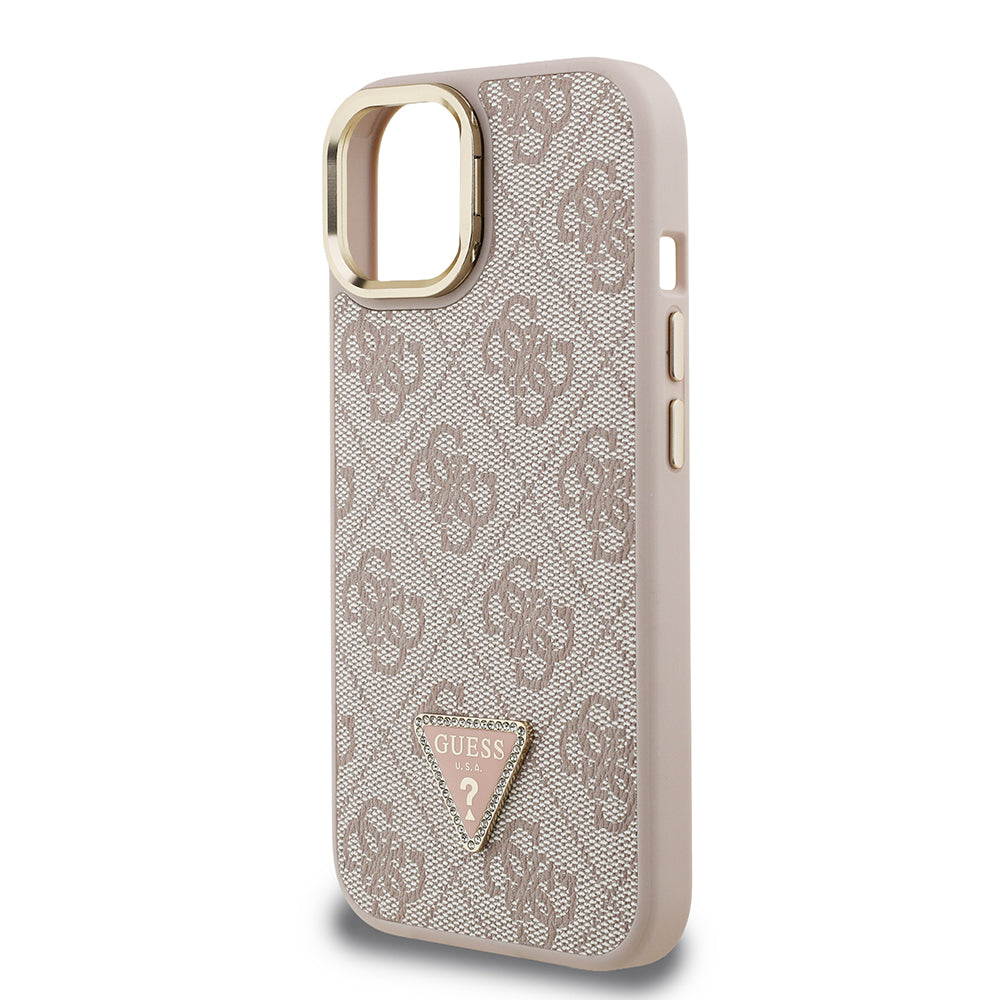 Apple iPhone 15 Kılıf Guess Orjinal Lisanslı PU Deri Taşlı Üçgen Logo 4G Desenli Kamera Standlı Kapak Kahverengi