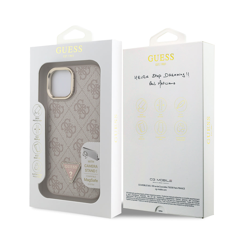 Apple iPhone 15 Kılıf Guess Orjinal Lisanslı PU Deri Taşlı Üçgen Logo 4G Desenli Kamera Standlı Kapak Siyah