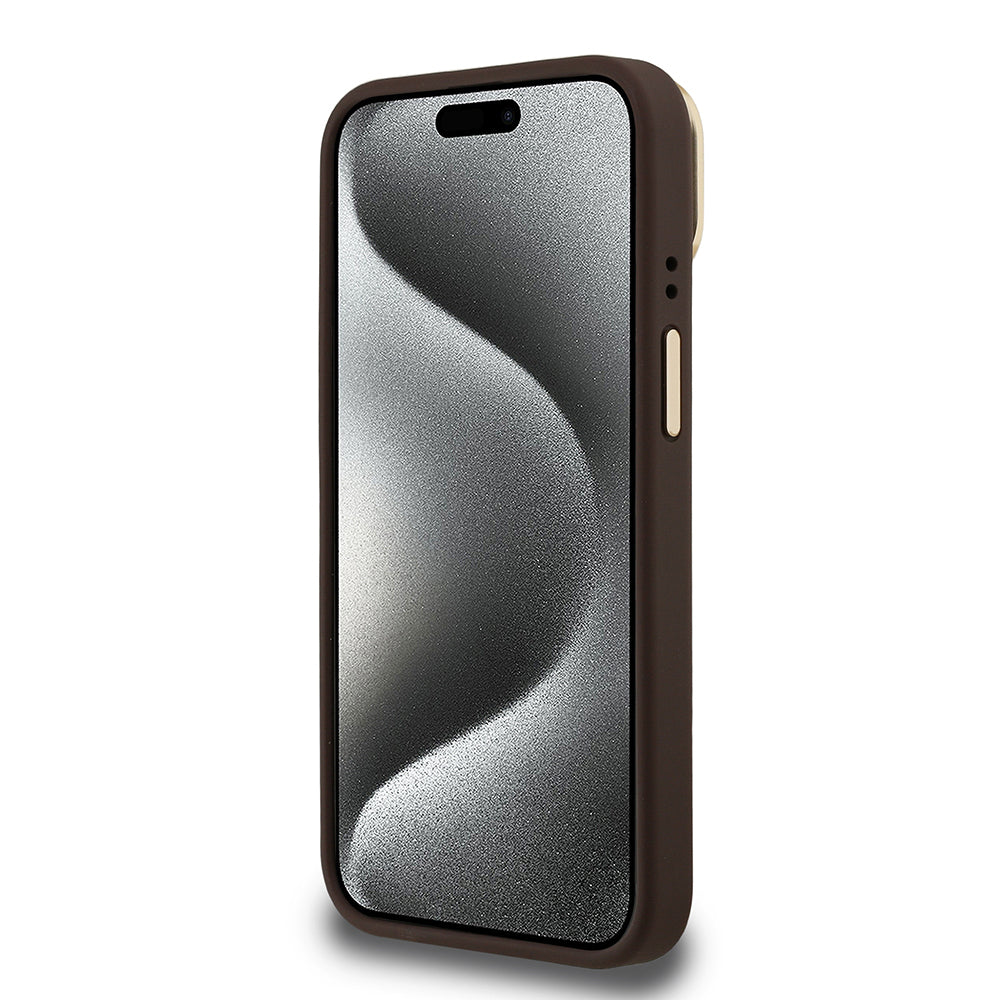 Apple iPhone 15 Kılıf Guess Orjinal Lisanslı PU Deri Taşlı Üçgen Logo 4G Desenli Kamera Standlı Kapak Kahverengi