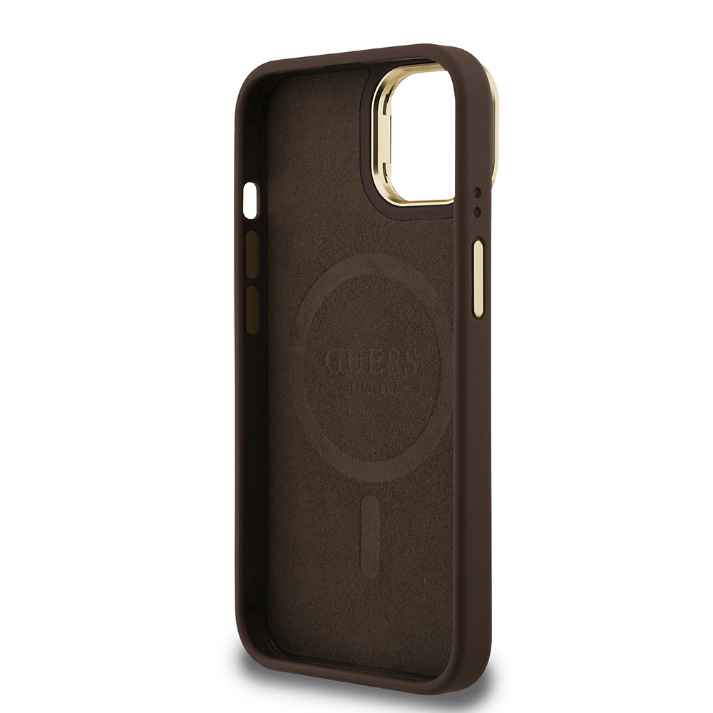 Apple iPhone 15 Kılıf Guess Orjinal Lisanslı PU Deri Taşlı Üçgen Logo 4G Desenli Kamera Standlı Kapak Pembe