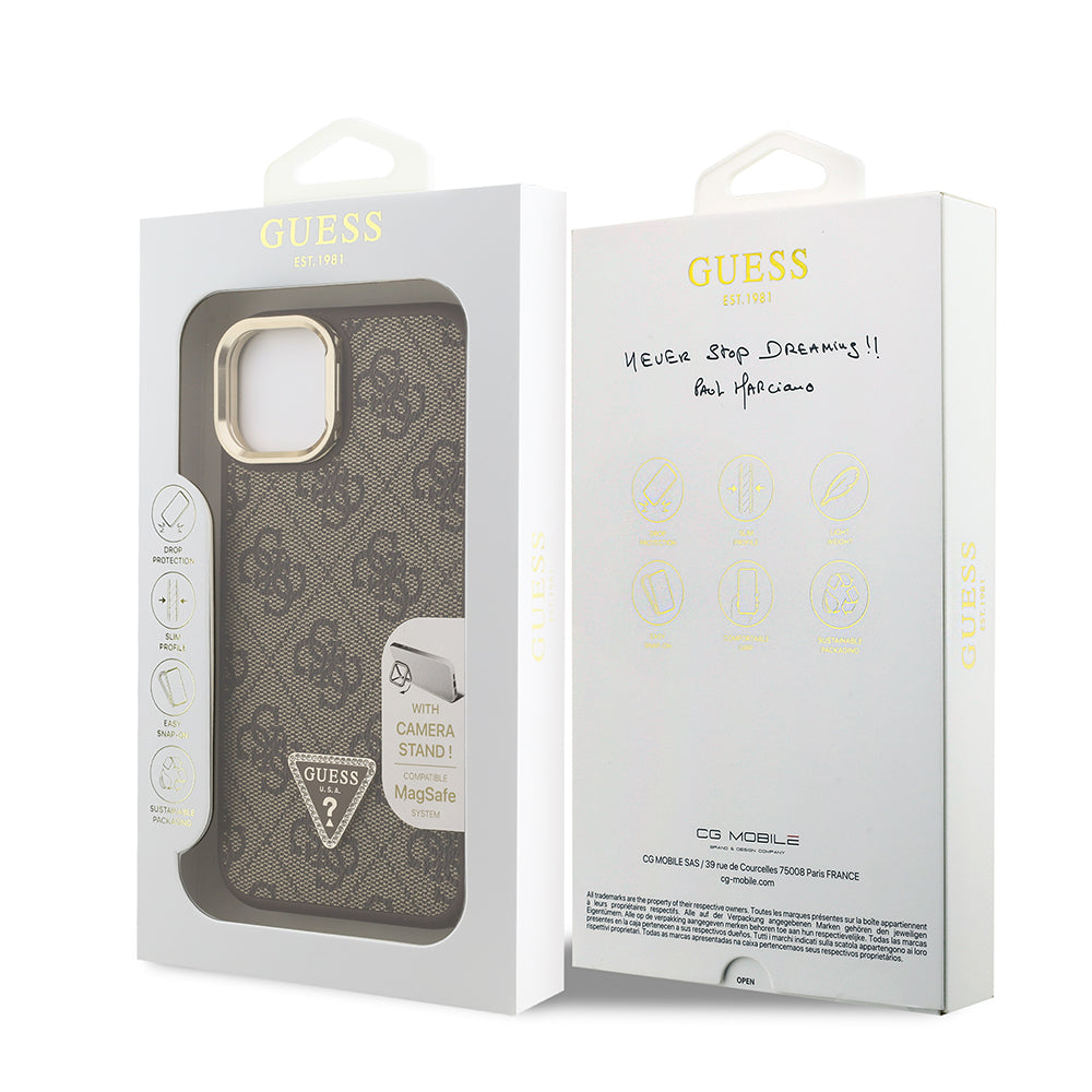 Apple iPhone 15 Kılıf Guess Orjinal Lisanslı PU Deri Taşlı Üçgen Logo 4G Desenli Kamera Standlı Kapak Siyah