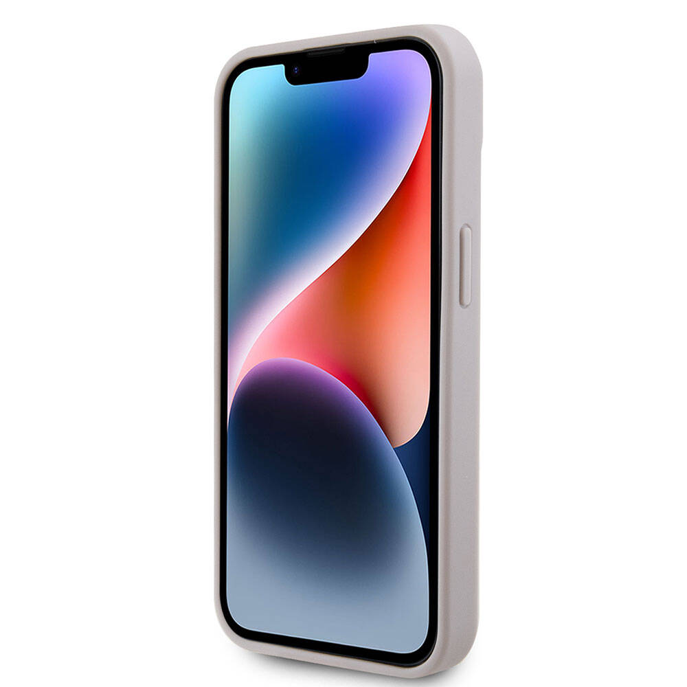 Apple iPhone 15 Kılıf Guess Orjinal Lisanslı PU Deri Taşlı Üçgen Logo 4G Desenli Strass Kapak Kahverengi