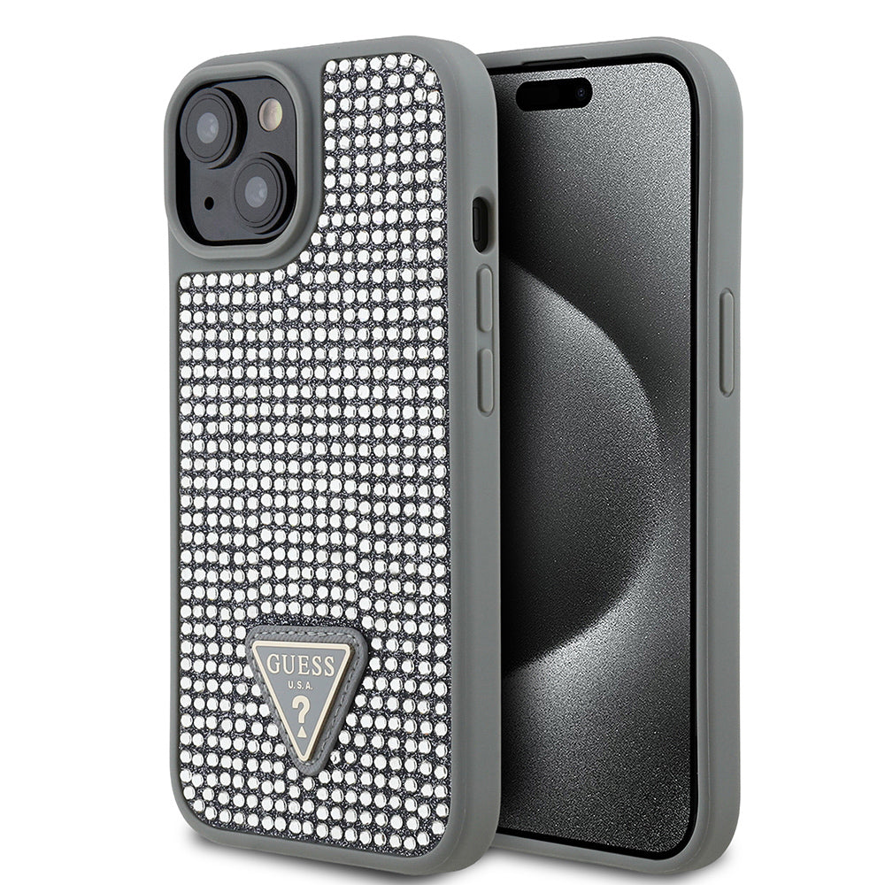 Apple iPhone 15 Kılıf Guess Orjinal Lisanslı Taşlı Arka Yüzey Üçgen Logolu Kapak Gümüş