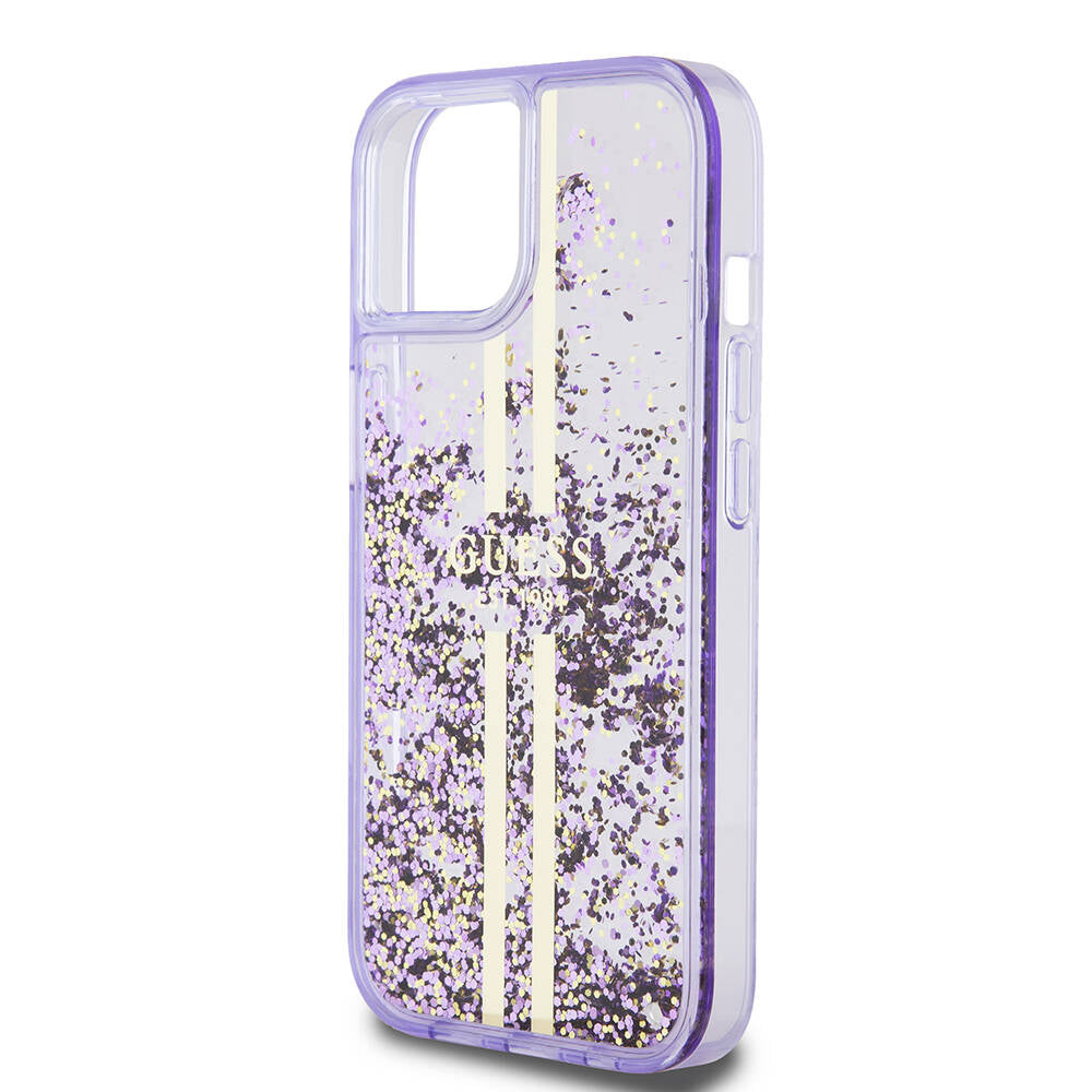 Apple iPhone 15 Kılıf Guess Orjinal Lisanslı Transparan Sıvılı Simli Altın Çizgili Kapak Pembe