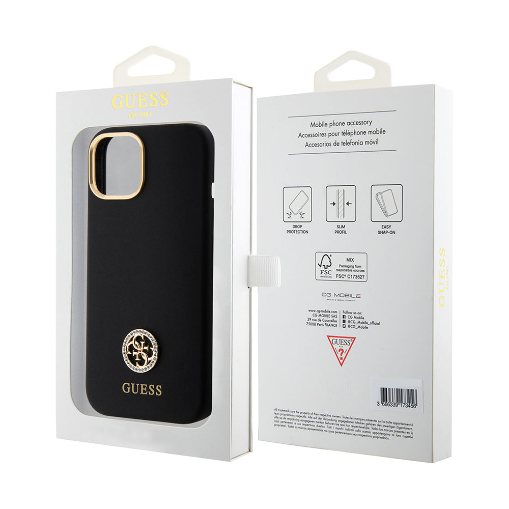 Apple iPhone 15 Kılıf Guess Orjinal Lisanslı Yazı ve Taşlı 4G Logolu Metal Kamera Çerçeveli Silikon Kapak Siyah