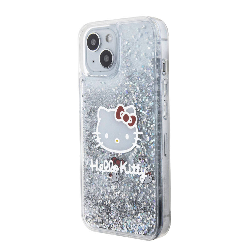 Apple iPhone 15 Kılıf Hello Kitty Orjinal Lisanslı İkonik Sıvılı Glitter Kapak Renksiz