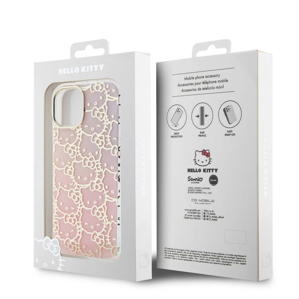 Apple iPhone 15 Kılıf Hello Kitty Orjinal Lisanslı Renk Geçişli Elektroplating Kaplama Kitty Head Desenli Kapak Pembe