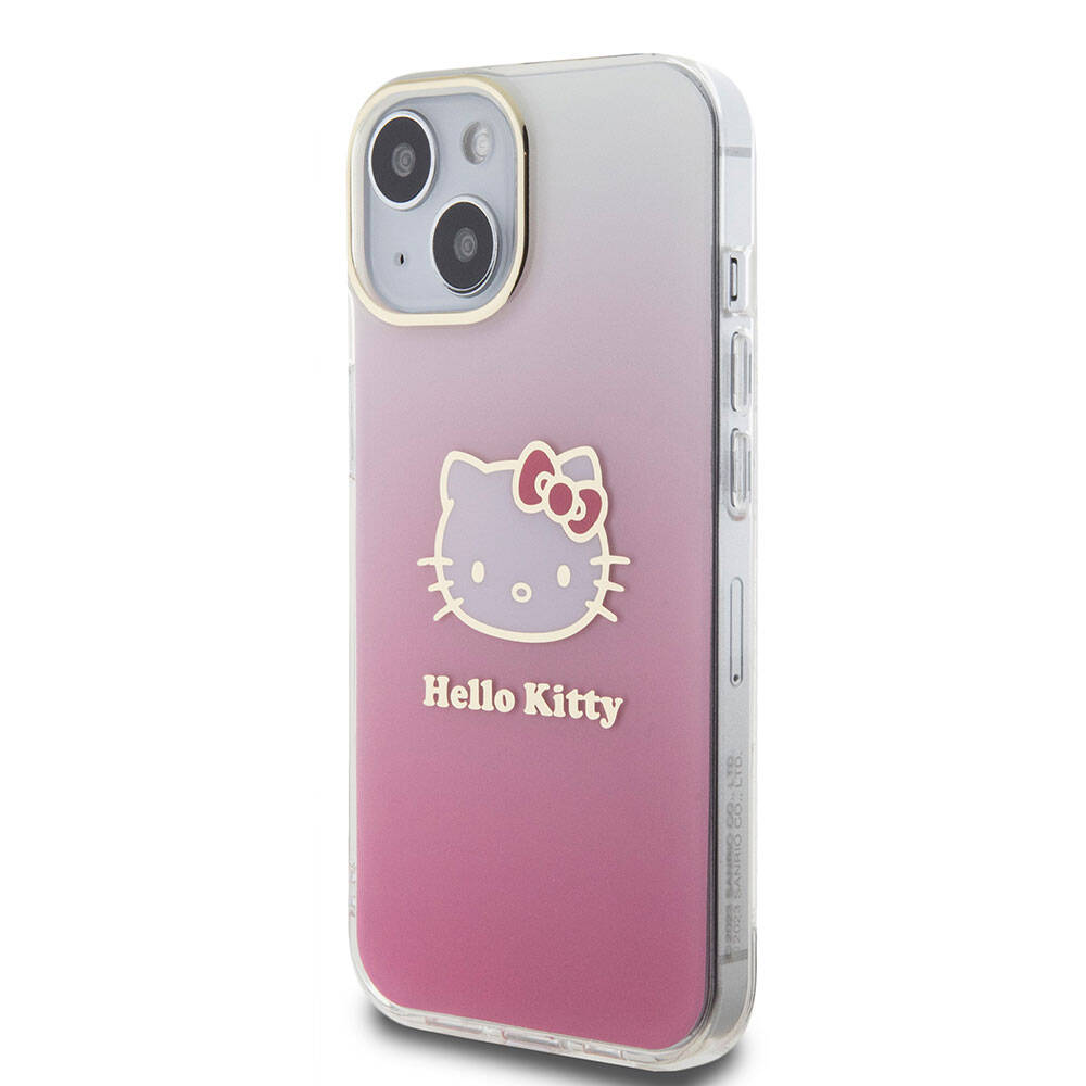 Apple iPhone 15 Kılıf Hello Kitty Orjinal Lisanslı Yazı ve İkonik Logolu Elektroplating Kaplama Gradyan Kapak Pembe