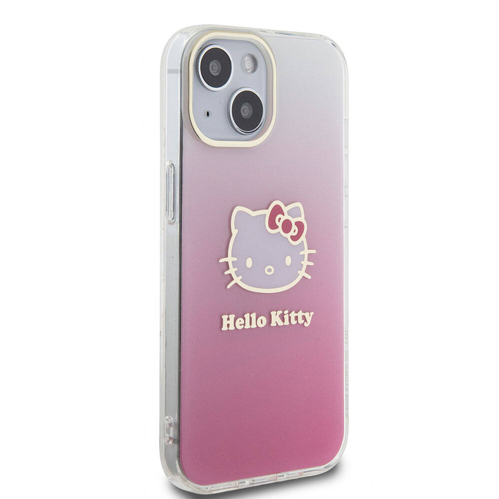 Apple iPhone 15 Kılıf Hello Kitty Orjinal Lisanslı Yazı ve İkonik Logolu Elektroplating Kaplama Gradyan Kapak Pembe