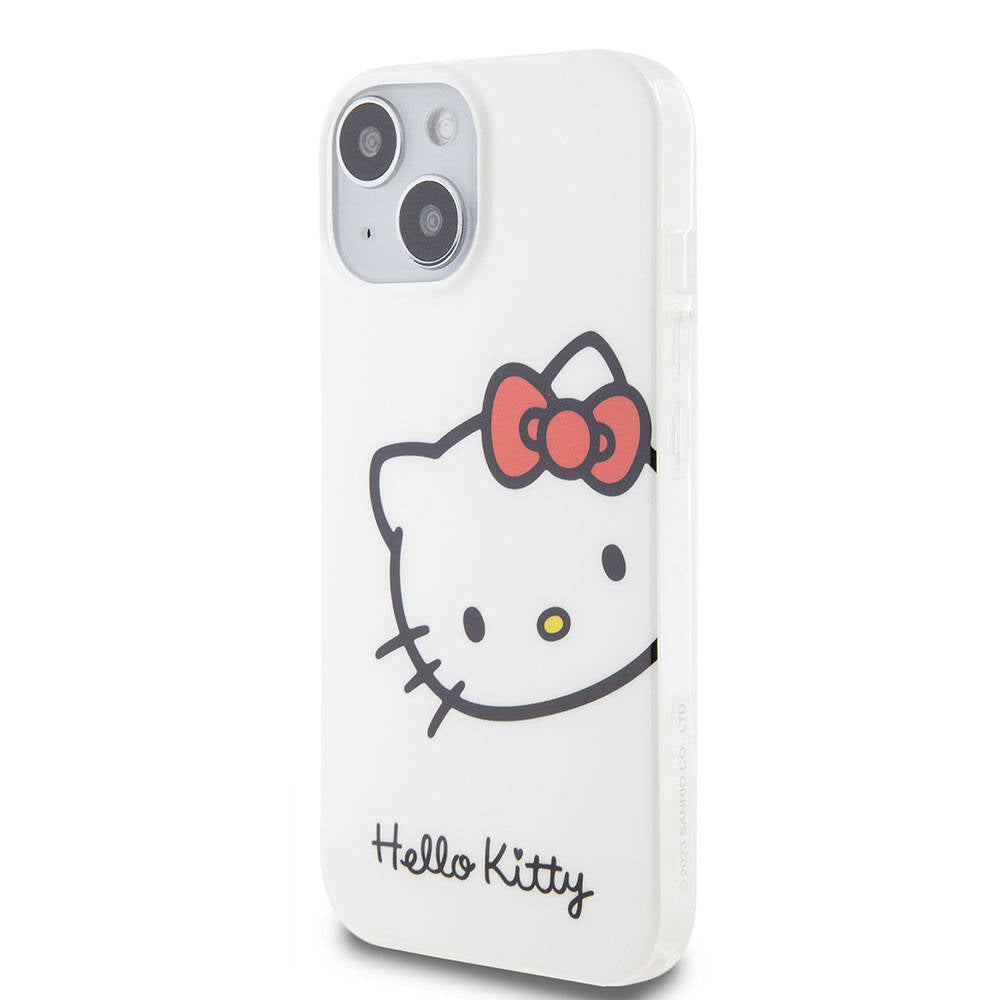 Apple iPhone 15 Kılıf Hello Kitty Orjinal Lisanslı Yazı ve İkonik Logolu Kitty Head Kapak Beyaz