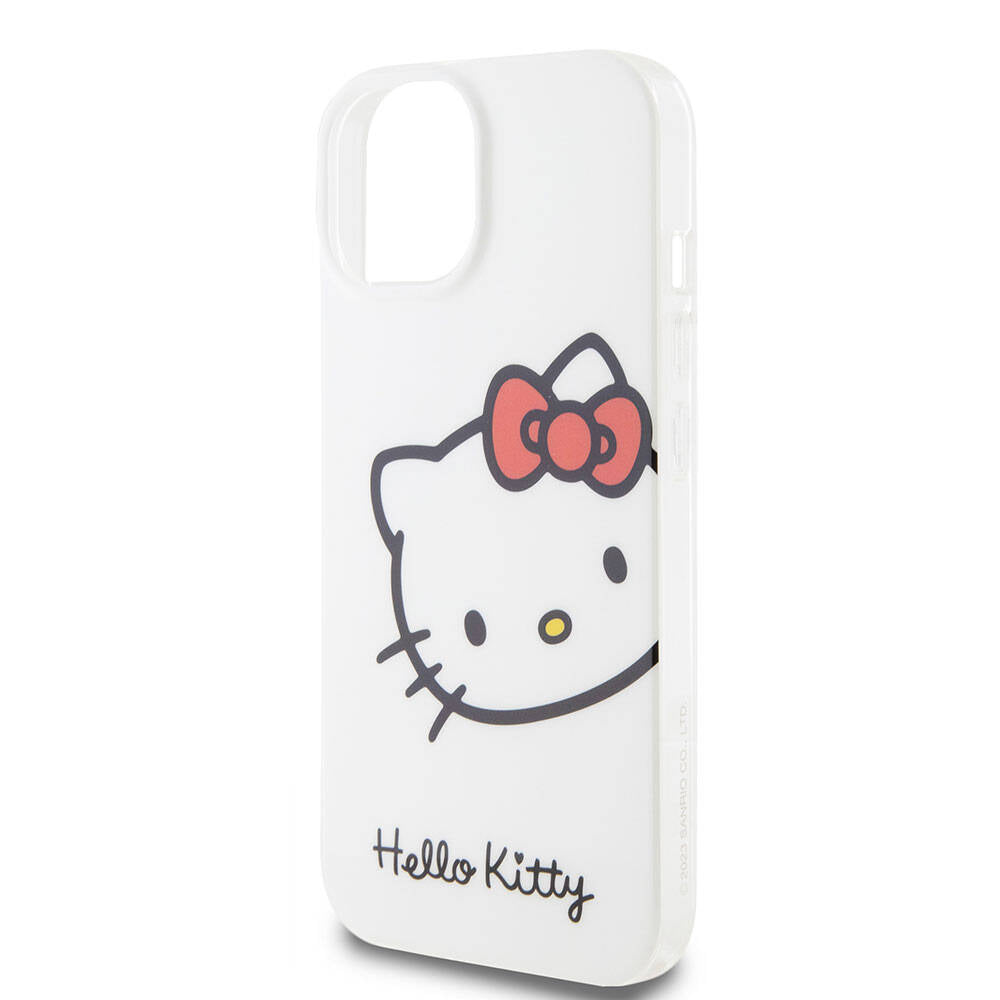 Apple iPhone 15 Kılıf Hello Kitty Orjinal Lisanslı Yazı ve İkonik Logolu Kitty Head Kapak Beyaz