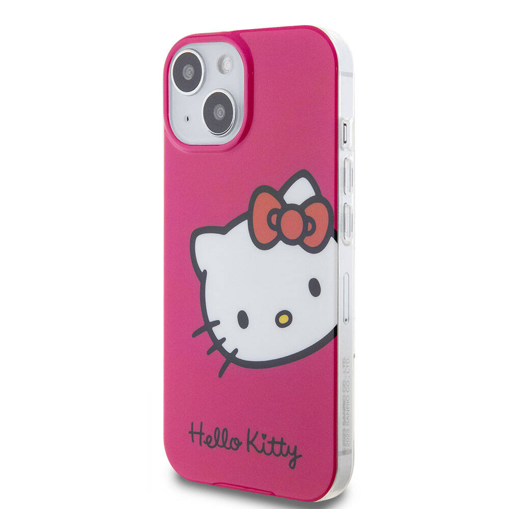 Apple iPhone 15 Kılıf Hello Kitty Orjinal Lisanslı Yazı ve İkonik Logolu Kitty Head Kapak Pembe