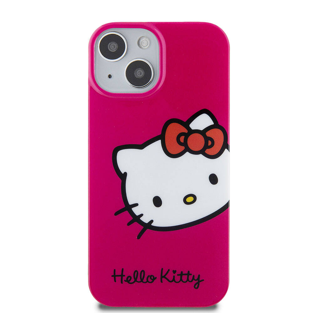 Apple iPhone 15 Kılıf Hello Kitty Orjinal Lisanslı Yazı ve İkonik Logolu Kitty Head Kapak Pembe