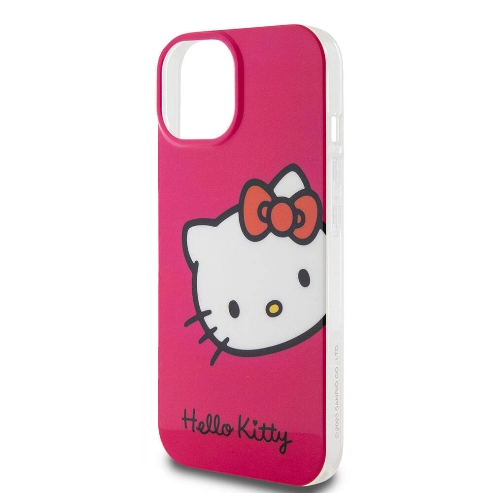 Apple iPhone 15 Kılıf Hello Kitty Orjinal Lisanslı Yazı ve İkonik Logolu Kitty Head Kapak Pembe