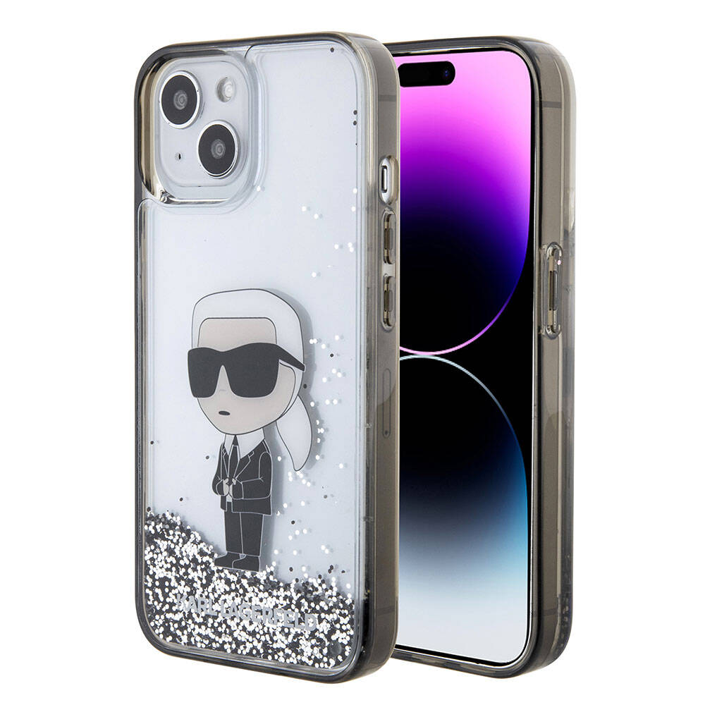 Apple iPhone 15 Kılıf Karl Lagerfeld İkonik Sıvılı Glitter Orjinal Lisanslı Kapak Renksiz