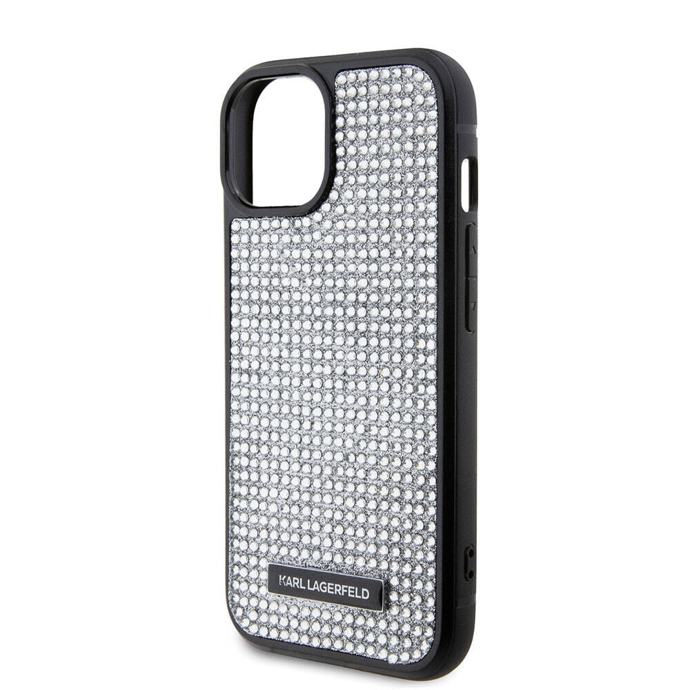 Apple iPhone 15 Kılıf Karl Lagerfeld Taşlı Metal Logo Orjinal Lisanslı Kapak Siyah
