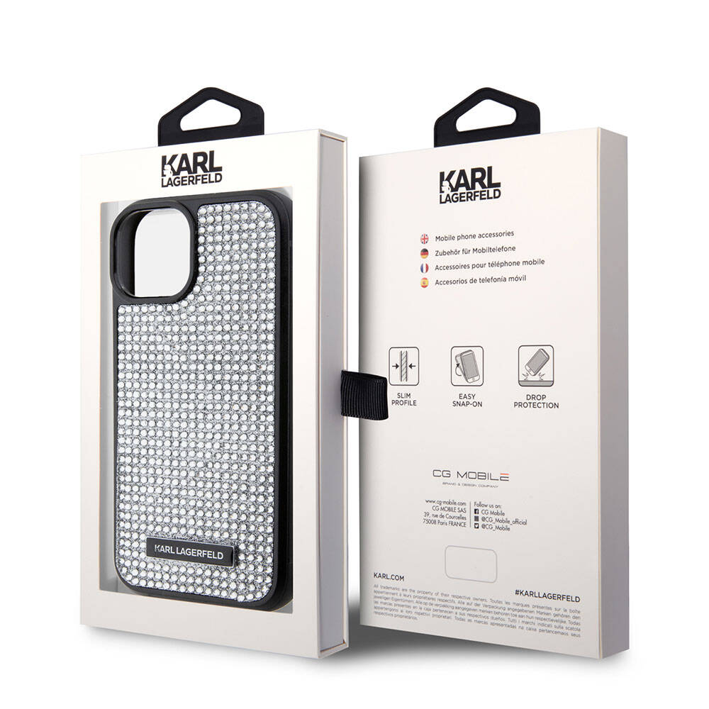 Apple iPhone 15 Kılıf Karl Lagerfeld Taşlı Metal Logo Orjinal Lisanslı Kapak Siyah