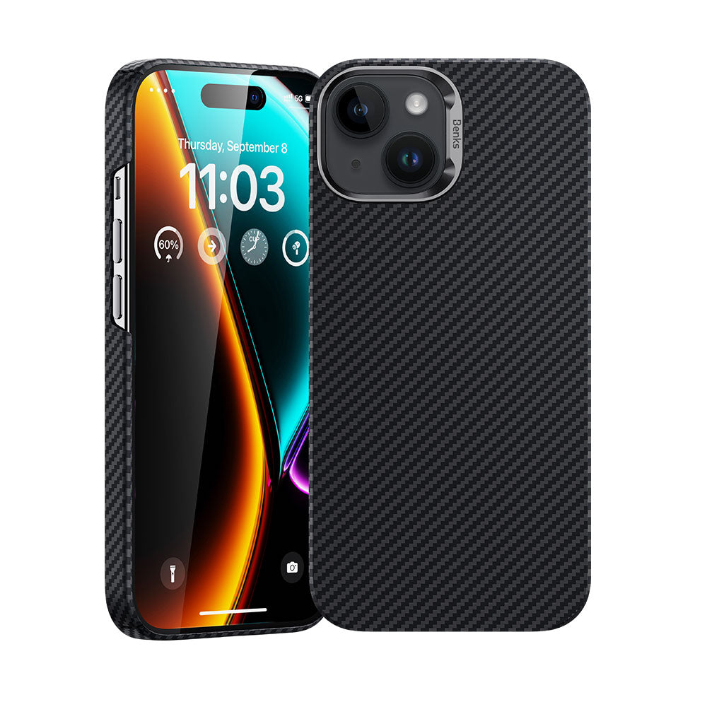 Apple iPhone 15 Kılıf M-safe Özellikli Karbon Fiber Benks Essential ArmorAir 600D Kevlar Kapak Siyah