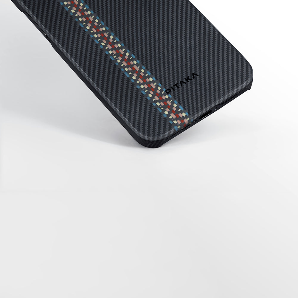 Apple iPhone 15 Kılıf M-safe Şarj Özellikli 600D Aramid Fiber Pitaka Tactile Woven Orchestra Serisi Rhapsody Kapak Siyah